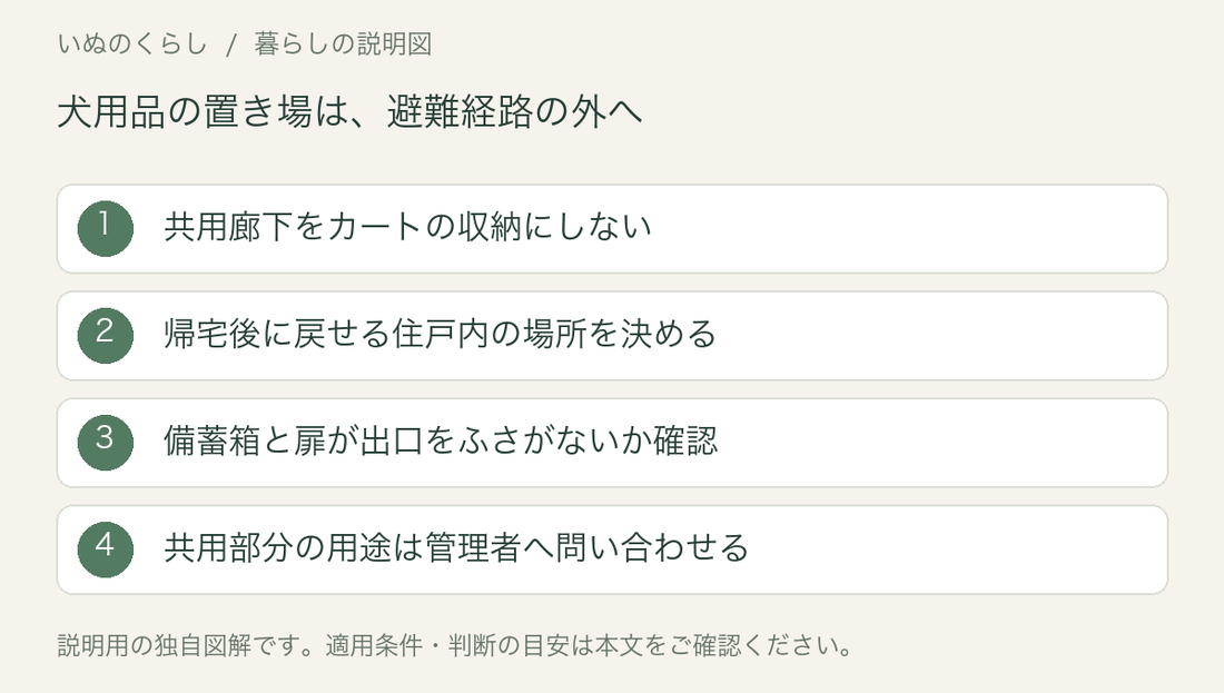 犬用品の収納確認の説明図。共用廊下を置き場にせず、住戸内の出口と通路を空け、共用部分の用途を管理者に確認する。