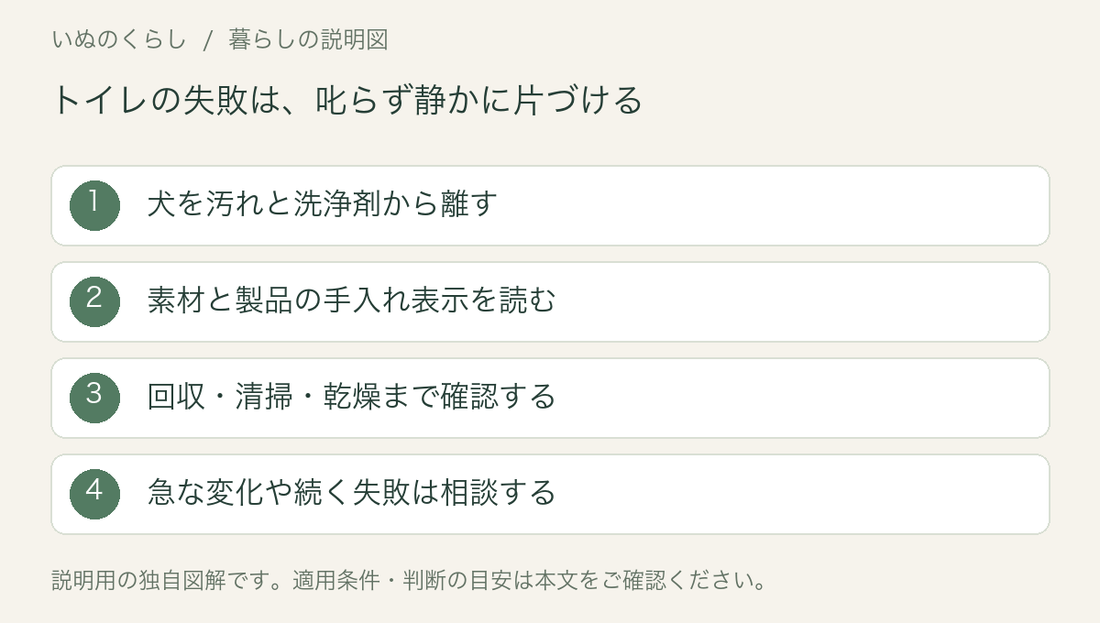 トイレ失敗後の片づけ手順の説明図。犬を離し、素材と洗浄剤の表示を読み、清掃と乾燥を確認する。