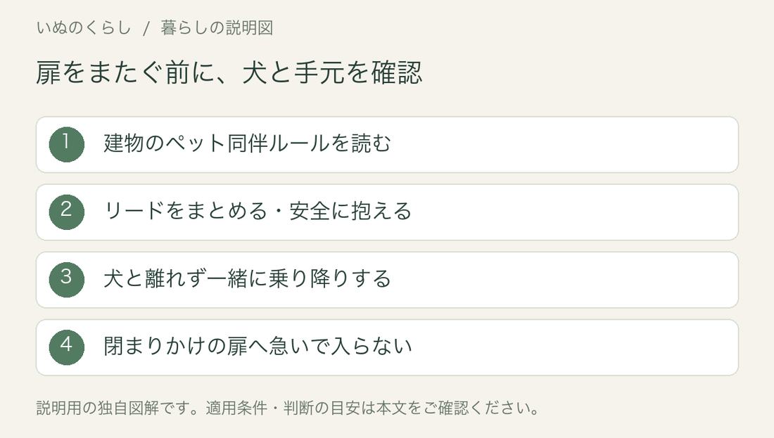 扉をまたぐ前に、犬と手元を確認。建物のペット同伴ルールを読む、リードをまとめる・安全に抱える、犬と離れず一緒に乗り降りする、閉まりかけの扉へ急いで入らない。説明用図解。
