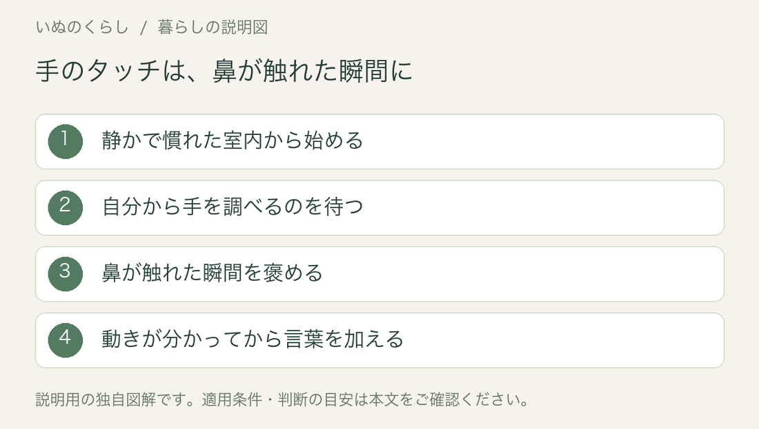 手のタッチは、鼻が触れた瞬間に。静かで慣れた室内から始める、自分から手を調べるのを待つ、鼻が触れた瞬間を褒める、動きが分かってから言葉を加える。説明用図解。