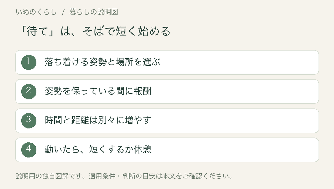 「待て」は、そばで短く始める。落ち着ける姿勢と場所を選ぶ、姿勢を保っている間に報酬、時間と距離は別々に増やす、動いたら短くするか休憩。説明用図解。