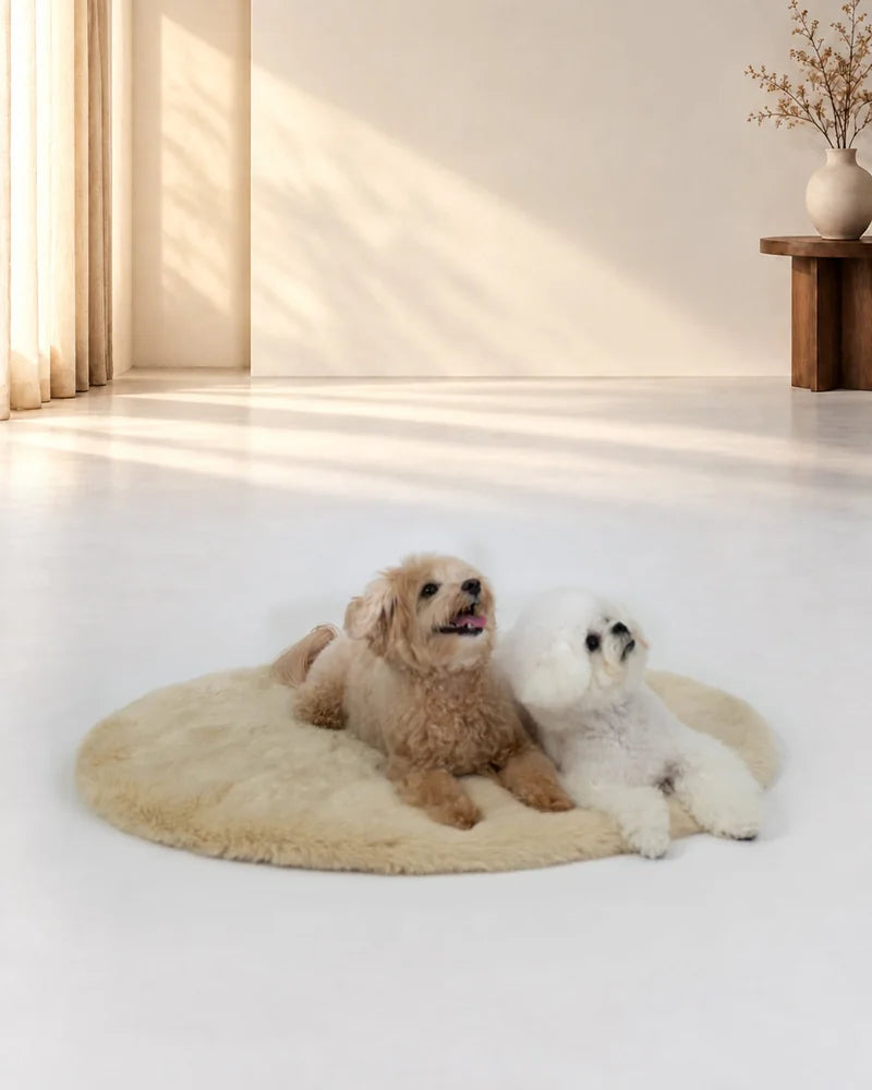 淡いクリーム色のマットに並んで伏せる茶色い犬と白い犬