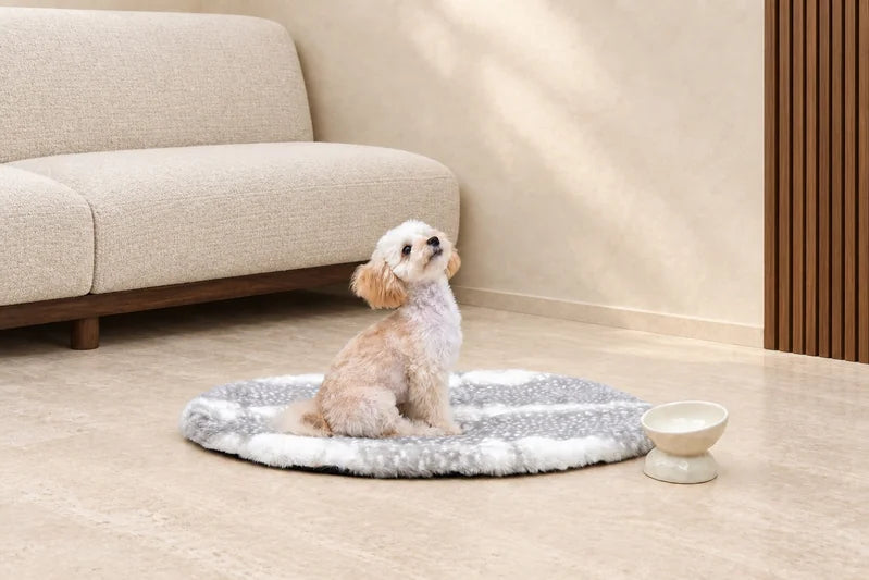 アイボリーのソファのそばでバンビ柄マットに座る犬