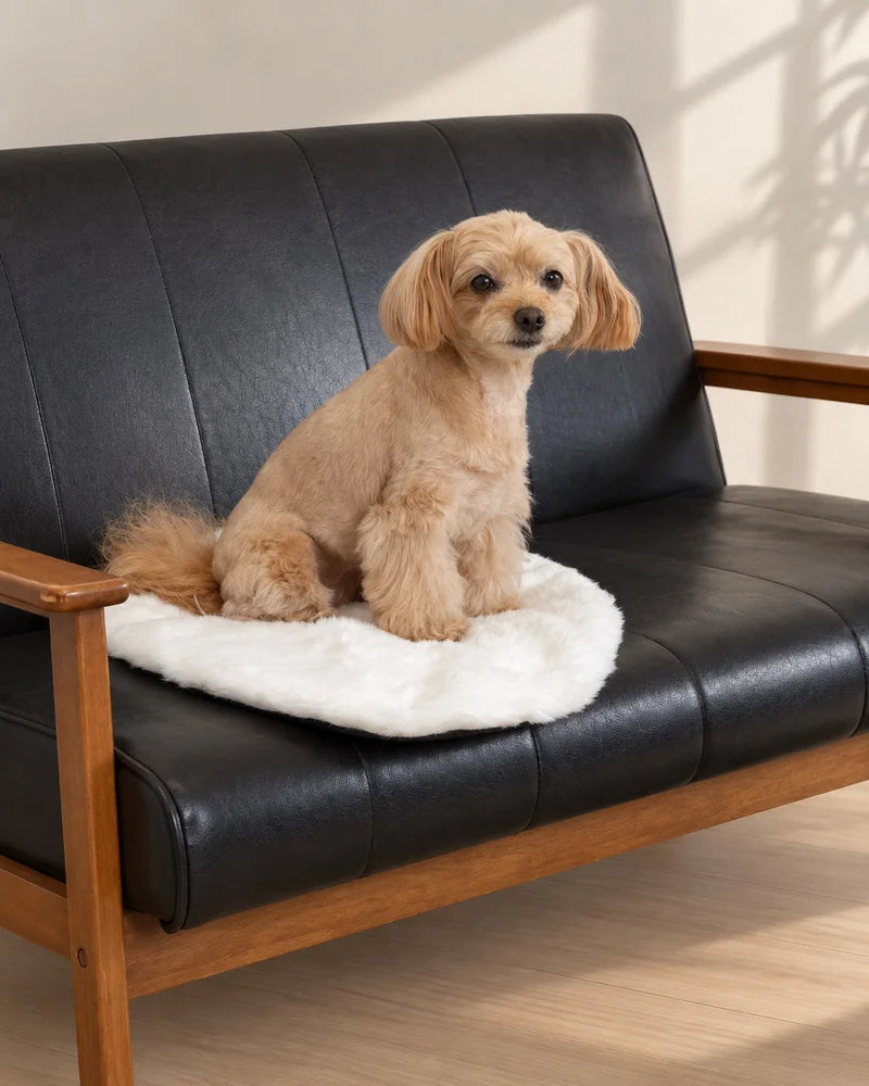 オフのマットを敷いたソファと犬