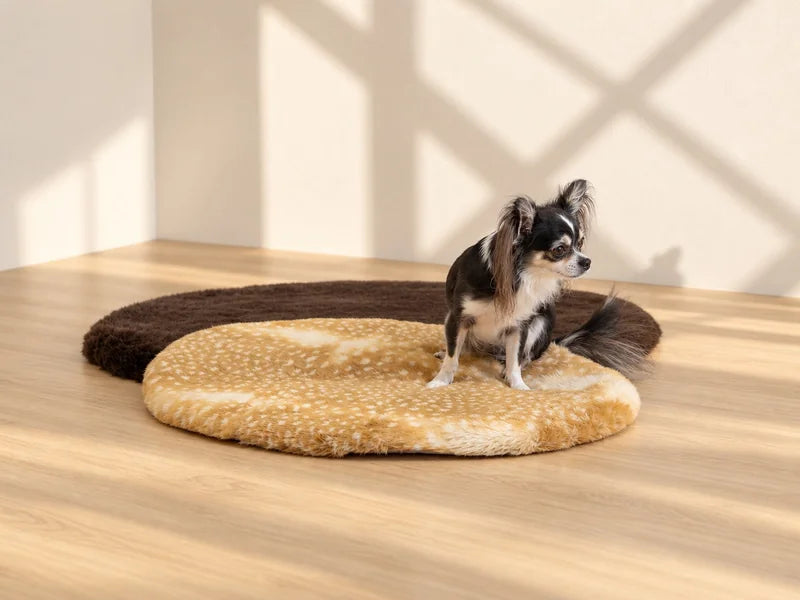 床のバンビ柄マットに座る犬と奥の茶色のマット