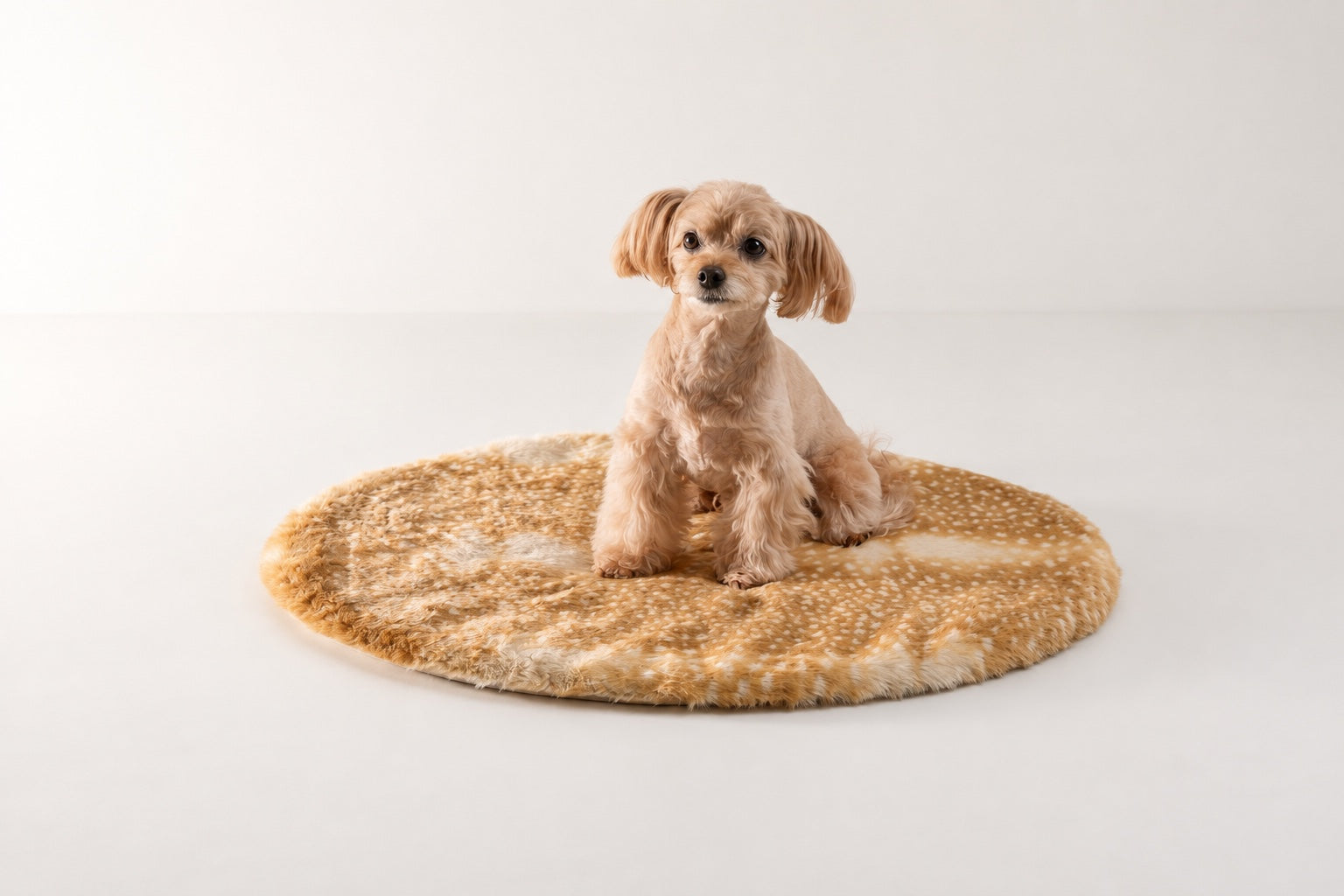 バンビマットに座る茶色い垂れ耳の犬