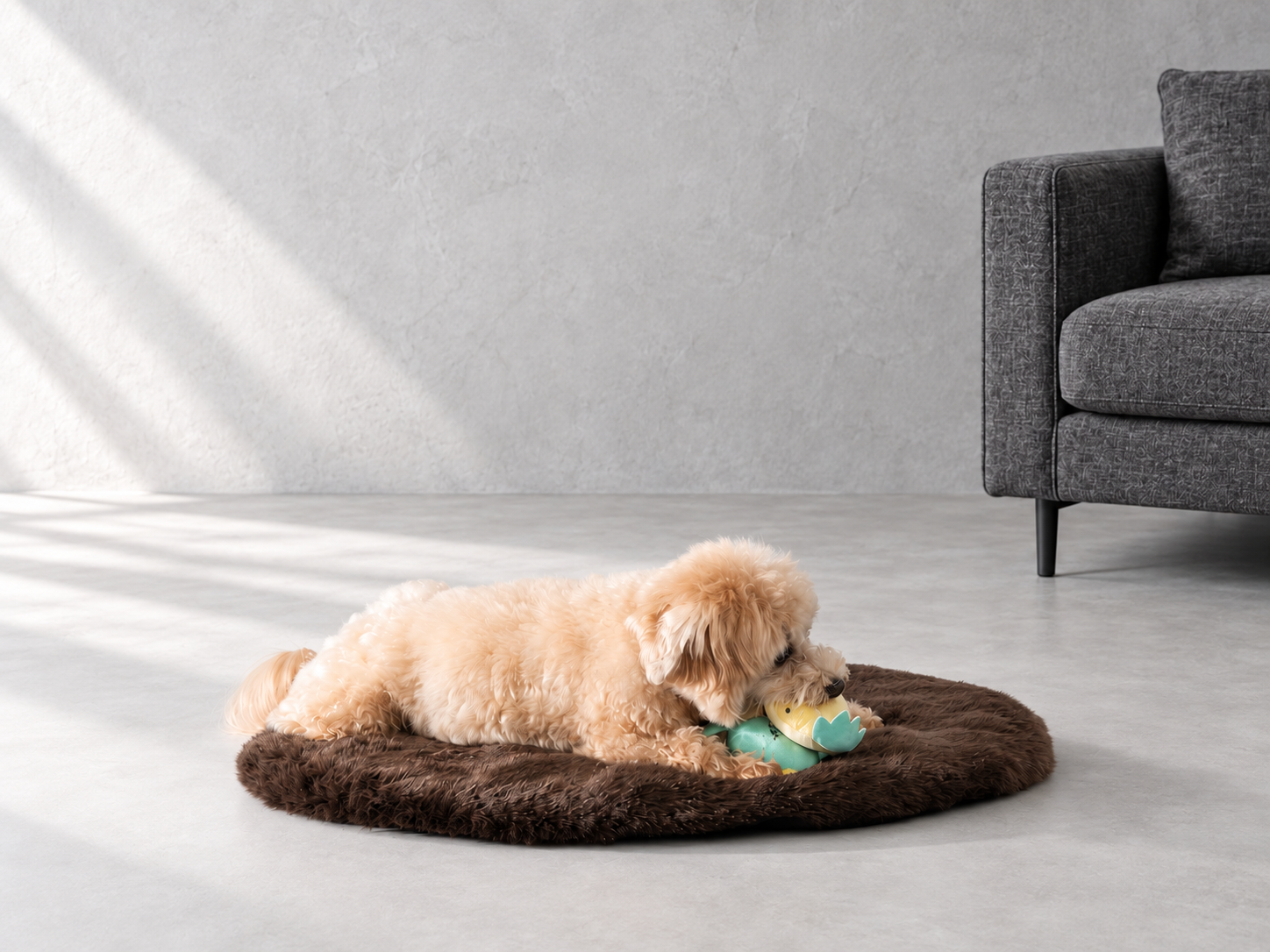 モルタル調の床に敷いたブラウンのマットで、おもちゃと過ごす犬