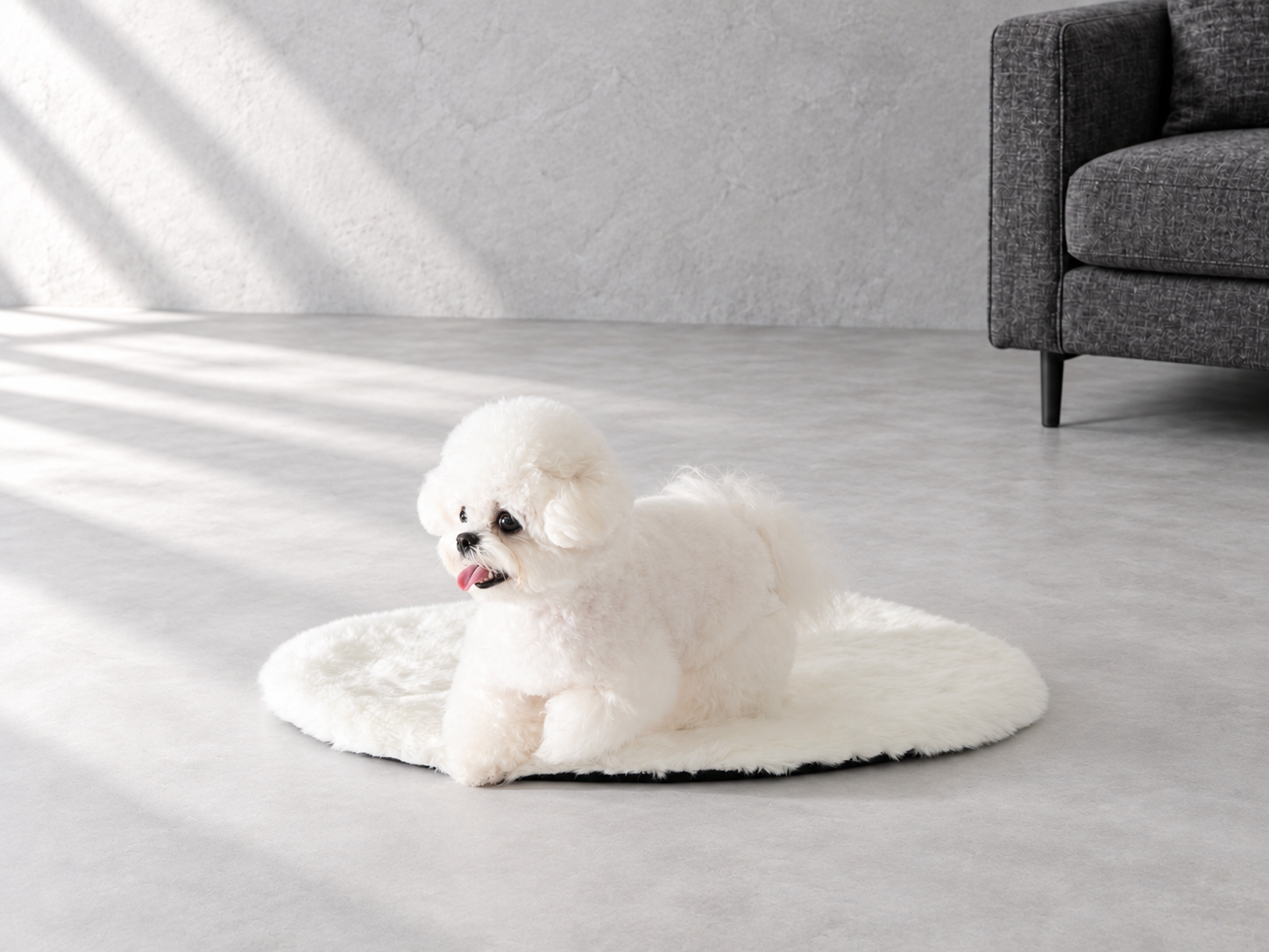 モルタル調の部屋に置いたオフのマットと白い犬